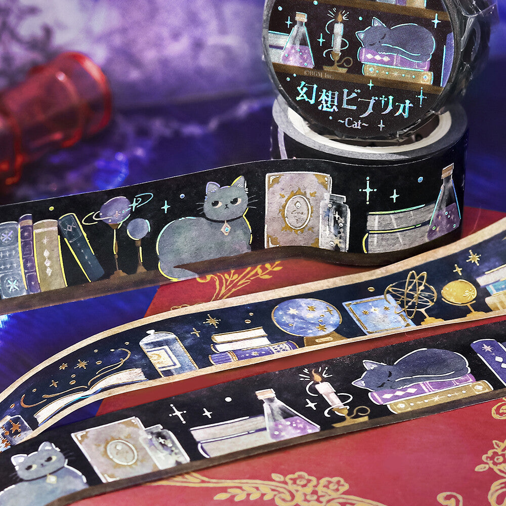 Decorative tape with cat-themed design on a colorful background
