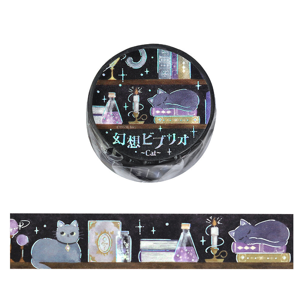 Decorative washi tape with cat and book design on a black background
