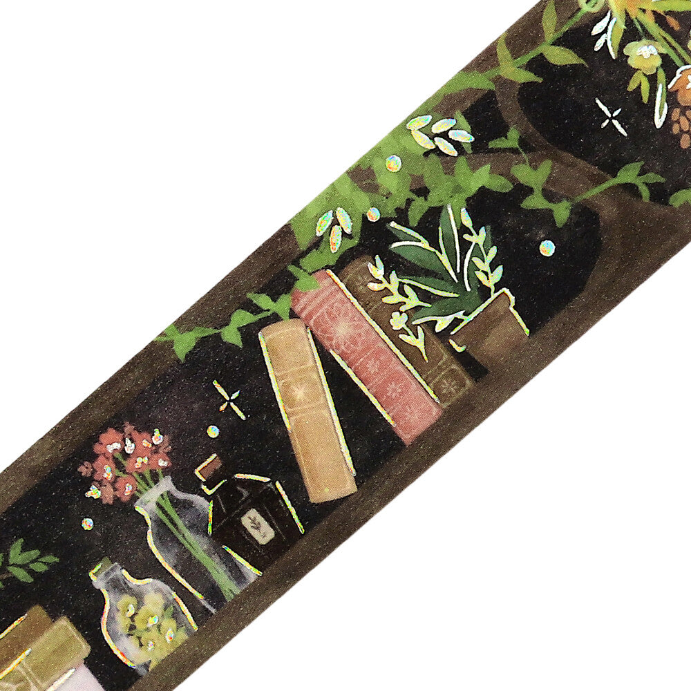 Decorative washi tape with plants, books, and vases on a white background