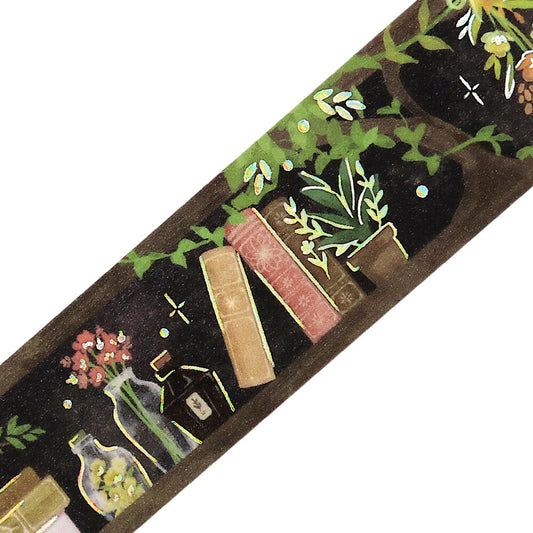 Decorative washi tape with plants, books, and vases on a white background