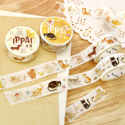 Washi tape with animal designs and 'IPPAI' branding on a wooden surface