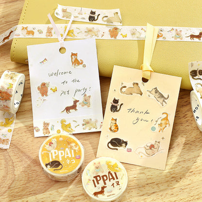 Stationery items with animal illustrations on a wooden surface