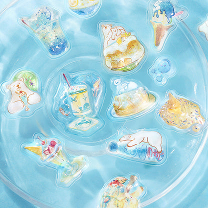 Set of cute illustrations of ice cream cones, bears, and other treats on a blue background.