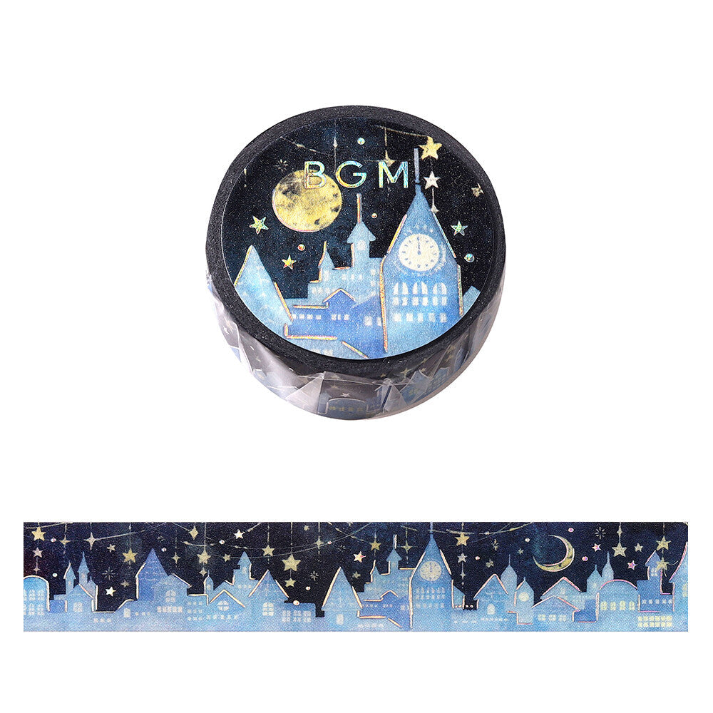 Decorative tape with castle and moon design on a white background