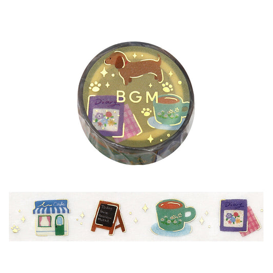 Decorative washi tape with cartoon illustrations and text on a white background