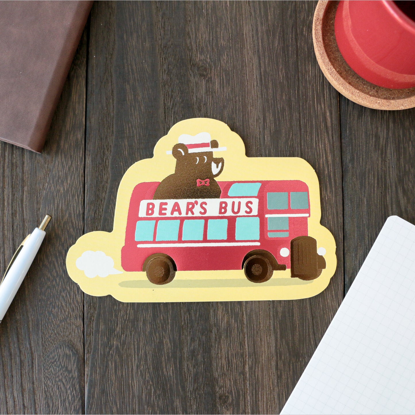OB1TOY x ROKKAKU - Foil-Stamped Die-Cut Postcard - Bear's Travels - Bus Tours