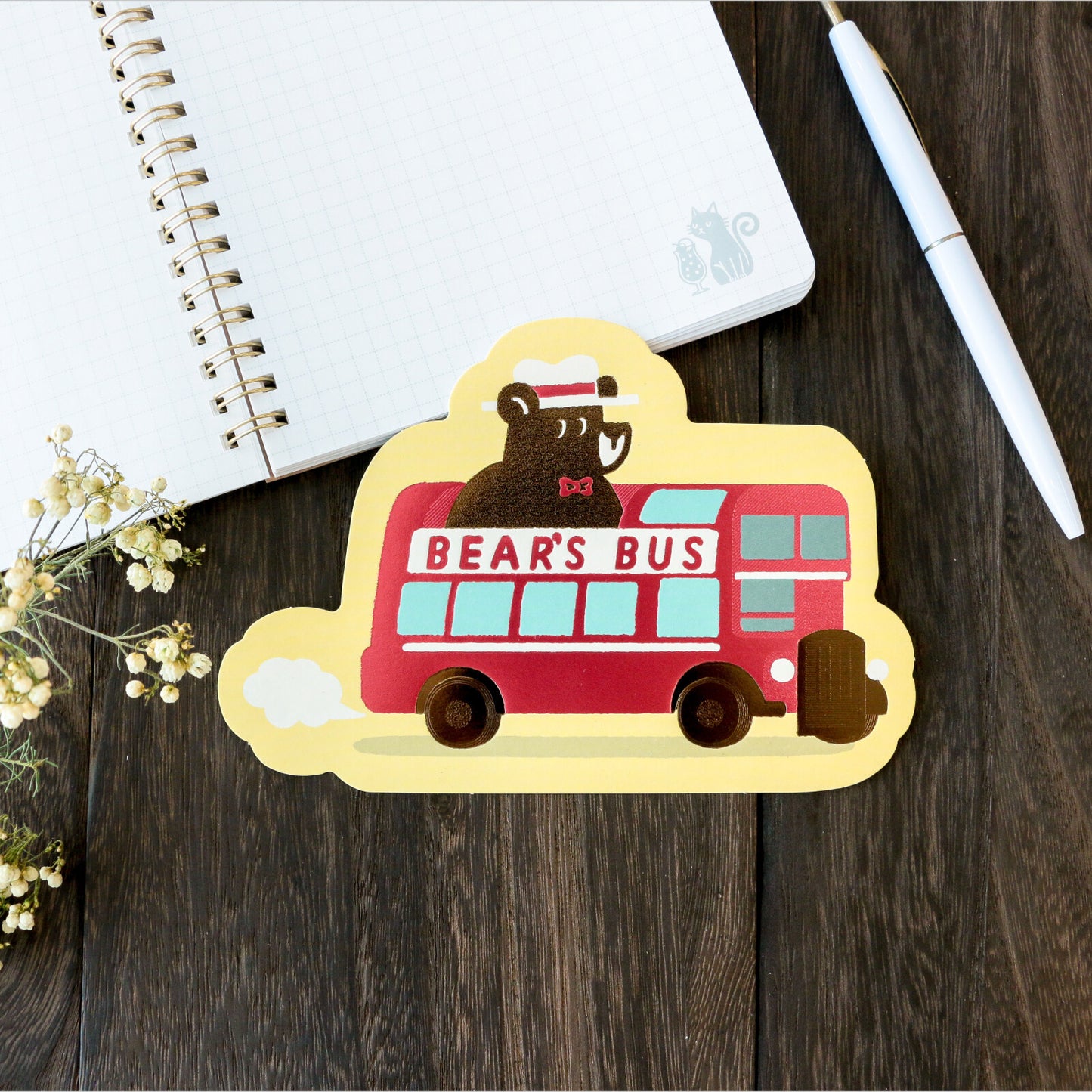 OB1TOY x ROKKAKU - Foil-Stamped Die-Cut Postcard - Bear's Travels - Bus Tours