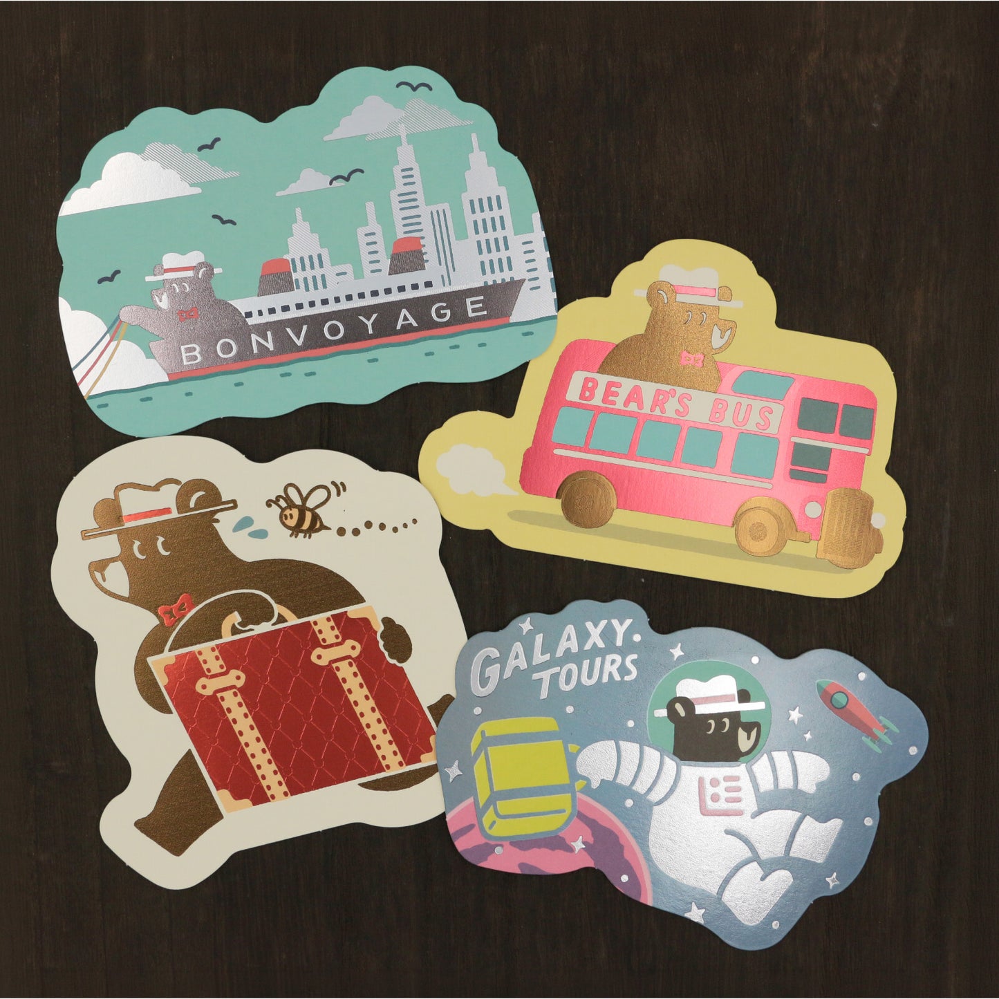 OB1TOY x ROKKAKU - Foil-Stamped Die-Cut Postcard - Bear's Travels - Ships Tours