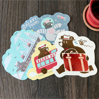 OB1TOY x ROKKAKU - Foil-Stamped Die-Cut Postcard - Bear's Travels - Ships Tours
