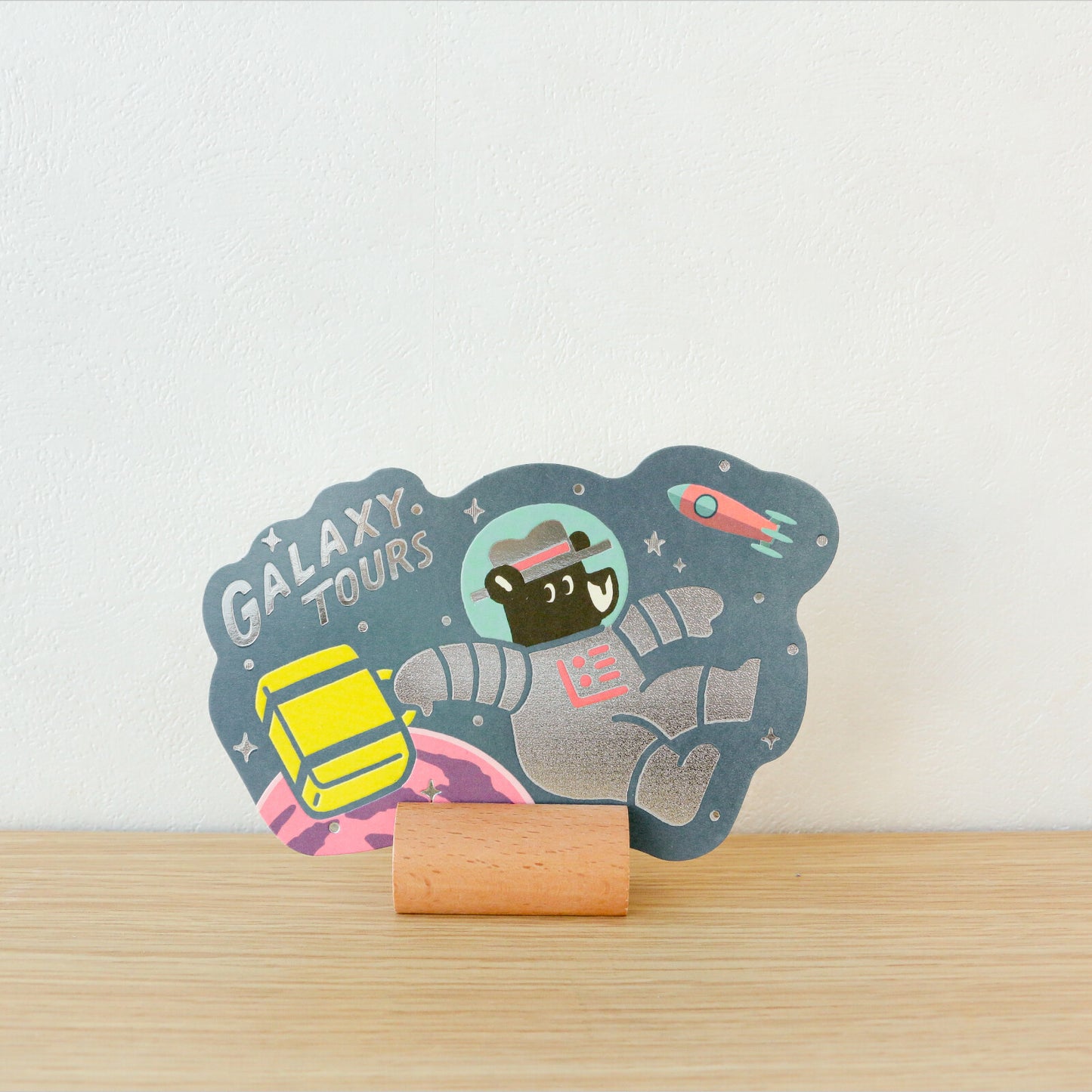 OB1TOY x ROKKAKU - Foil-Stamped Die-Cut Postcard - Bear's Travels - Galaxy Tours