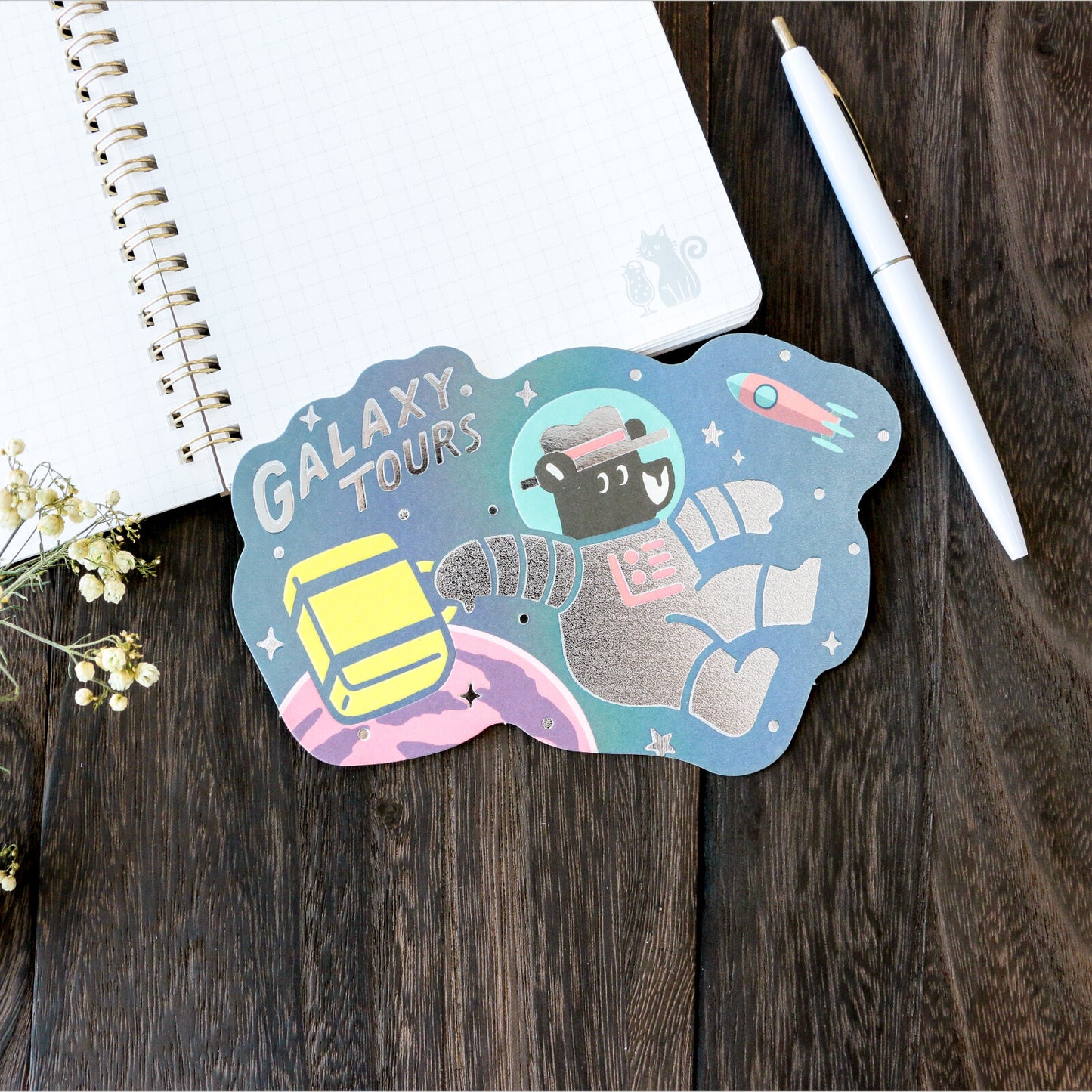 OB1TOY x ROKKAKU - Foil-Stamped Die-Cut Postcard - Bear's Travels - Galaxy Tours