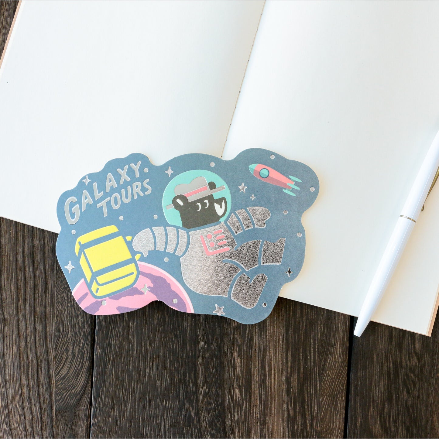 OB1TOY x ROKKAKU - Foil-Stamped Die-Cut Postcard - Bear's Travels - Galaxy Tours