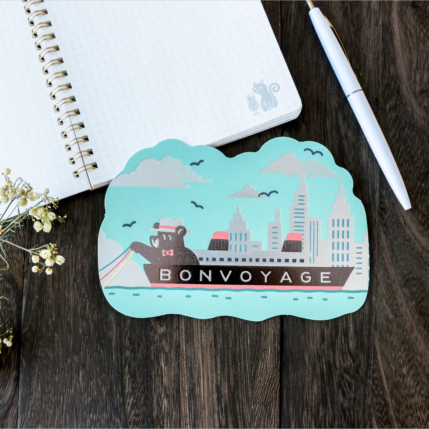 OB1TOY x ROKKAKU - Foil-Stamped Die-Cut Postcard - Bear's Travels - Ships Tours