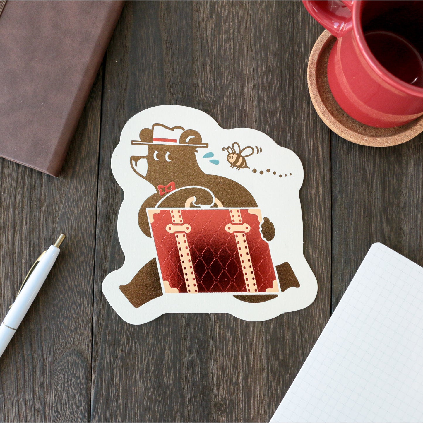 OB1TOY x ROKKAKU - Foil-Stamped Die-Cut Postcard - Bear's Travels - Trunk Tours