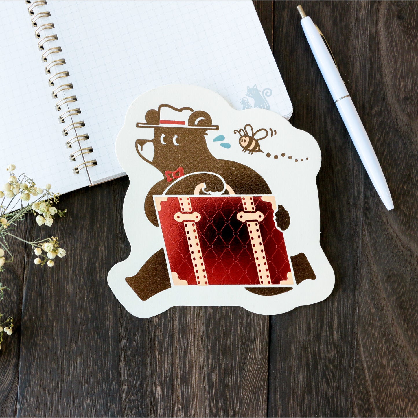 OB1TOY x ROKKAKU - Foil-Stamped Die-Cut Postcard - Bear's Travels - Trunk Tours