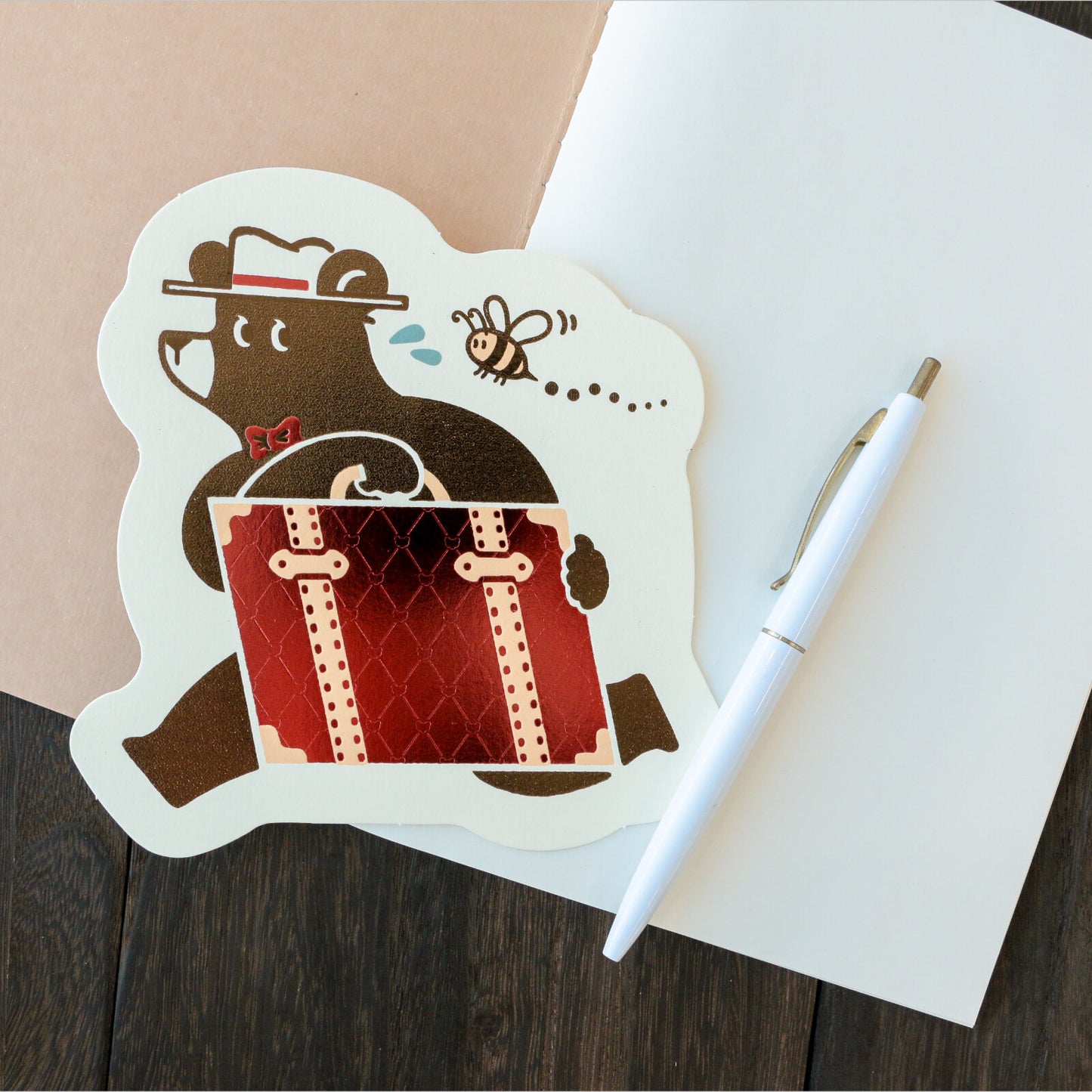 OB1TOY x ROKKAKU - Foil-Stamped Die-Cut Postcard - Bear's Travels - Trunk Tours