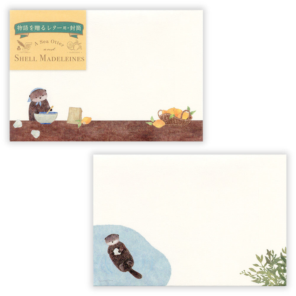 Two envelopes with an otter illustration, one on a white background and the other on a blue background.
