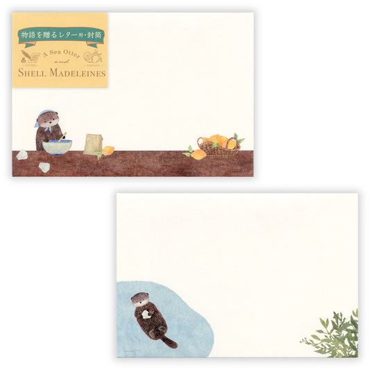 Two envelopes with an otter illustration, one on a white background and the other on a blue background.