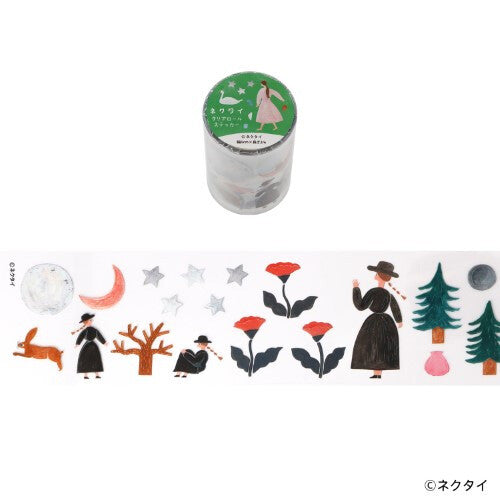 Decorative tape with illustrations of people, trees, and flowers on a white background