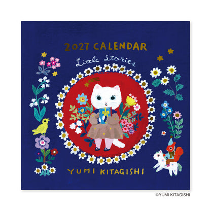 Square 2027 calendar cover titled '2027 CALENDAR' and 'Little Stories' by Yumi Kitagishi, featuring a central white cat illustration inside a red circle surrounded by flowers, on a dark blue background with decorative floral and animal motifs.