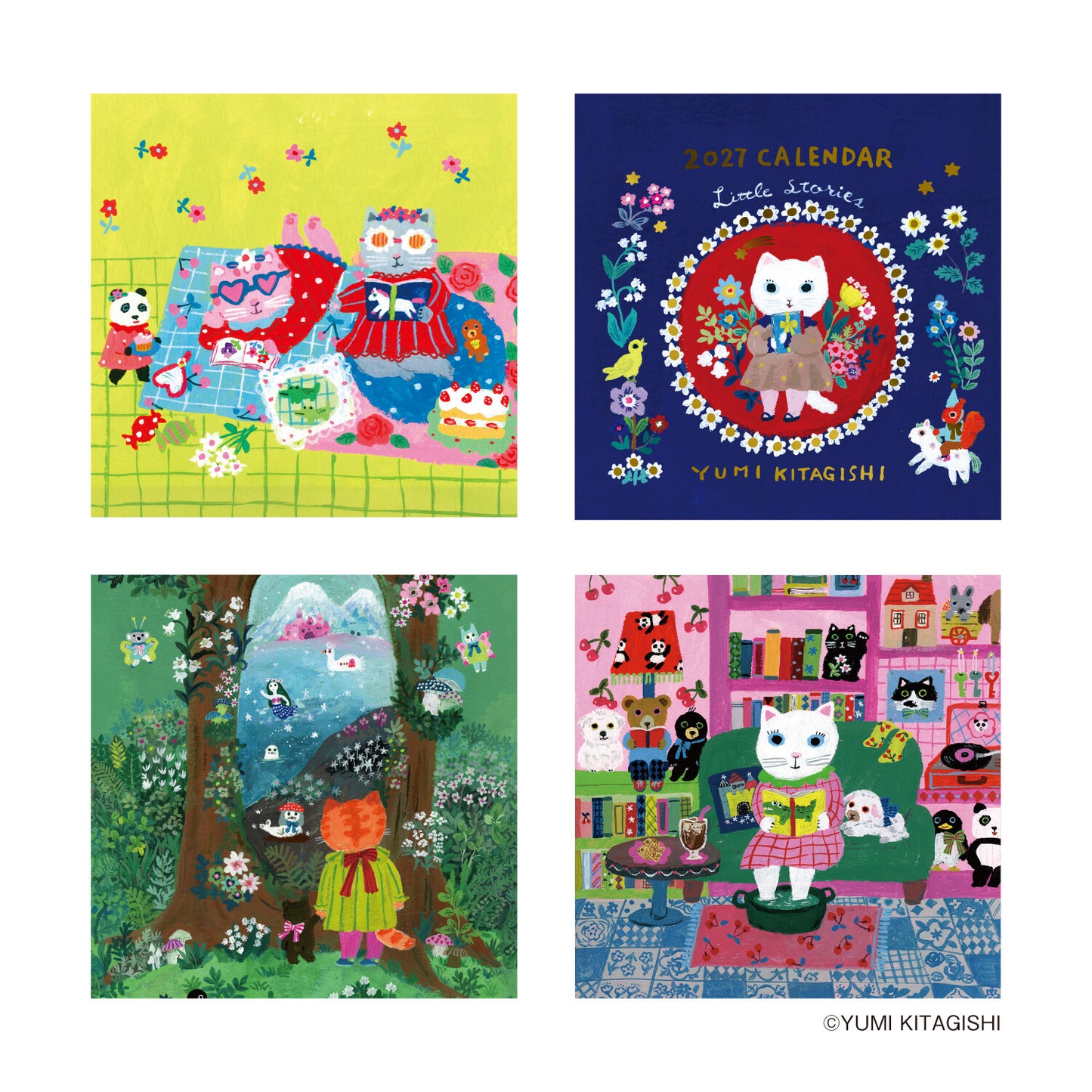 A 2x2 collage of four colorful illustrated covers or prints featuring cats in whimsical scenes. Top-left shows a picnic scene on a yellow background; top-right is a navy 2027 calendar cover with a central cat portrait and the text '2027 CALENDAR' and 'YUMI KITAGISHI'; bottom-left is a forest scene with a girl and animals; bottom-right shows a pink room with many cats and books.