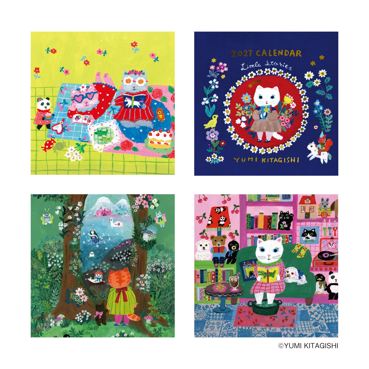 A 2x2 collage of four colorful illustrated covers or prints featuring cats in whimsical scenes. Top-left shows a picnic scene on a yellow background; top-right is a navy 2027 calendar cover with a central cat portrait and the text '2027 CALENDAR' and 'YUMI KITAGISHI'; bottom-left is a forest scene with a girl and animals; bottom-right shows a pink room with many cats and books.