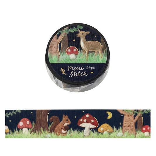 Washi tape with forest design featuring a deer, mushrooms, and trees on a white background.
