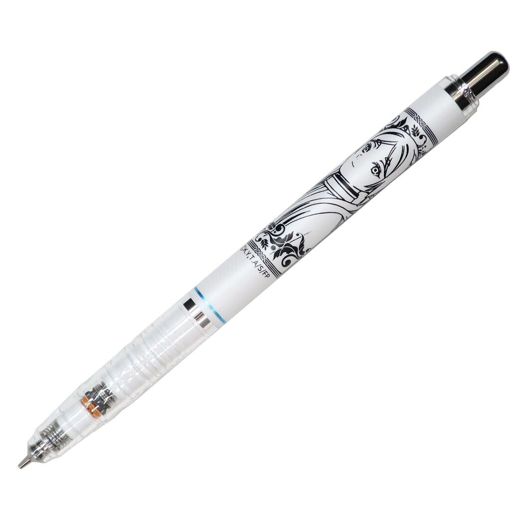 A white mechanical pencil featuring a black-and-white character illustration of Frieren from Frieren: Beyond Journey's End on the barrel, with a silver-toned cap and clear end sections, shown on a plain white background.