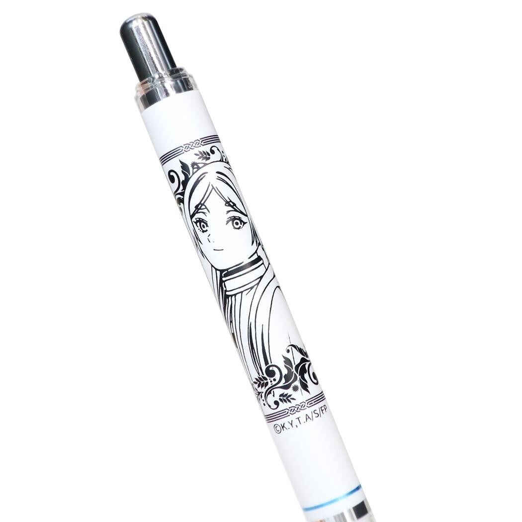 A white mechanical pencil featuring a black-and-white character illustration of Frieren from Frieren: Beyond Journey's End on the barrel, with a silver-toned cap and clear end sections, shown on a plain white background.