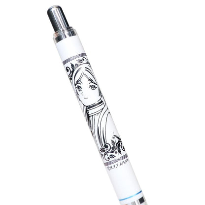 A white mechanical pencil featuring a black-and-white character illustration of Frieren from Frieren: Beyond Journey's End on the barrel, with a silver-toned cap and clear end sections, shown on a plain white background.