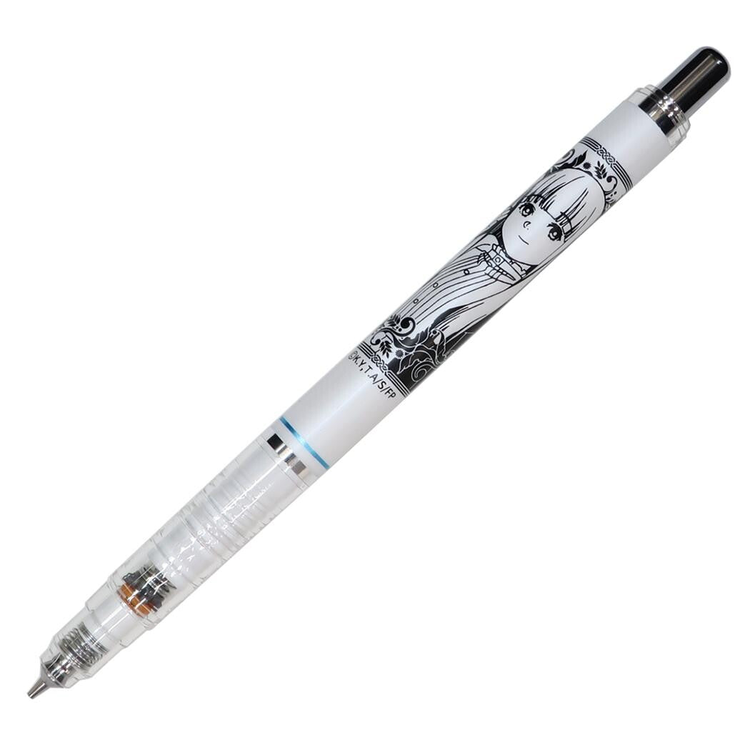 A white mechanical pencil featuring a black-and-white character illustration of Fern from Frieren: Beyond Journey's End on the barrel, with a silver-toned cap and clear end sections, shown on a plain white background.