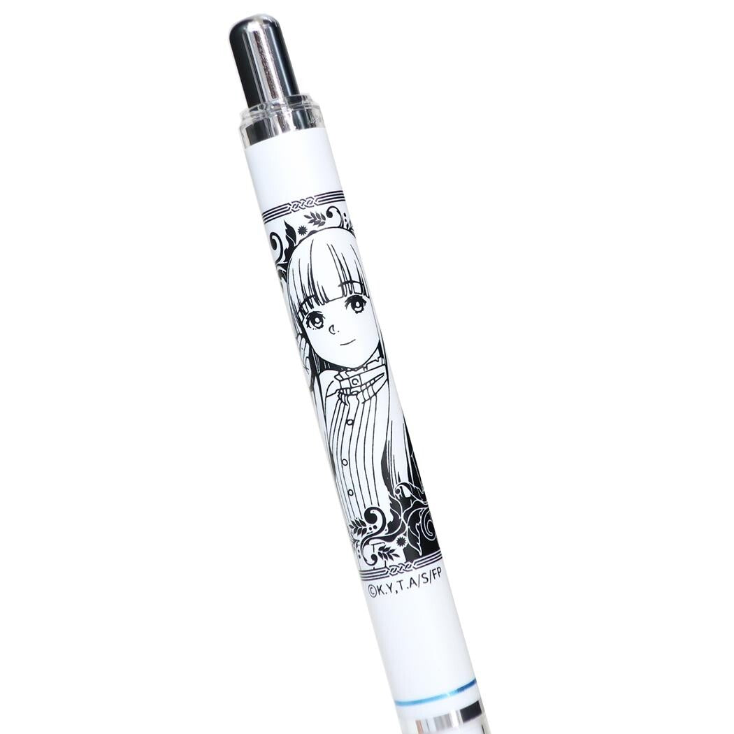 A white mechanical pencil featuring a black-and-white character illustration of Fern from Frieren: Beyond Journey's End on the barrel, with a silver-toned cap and clear end sections, shown on a plain white background.