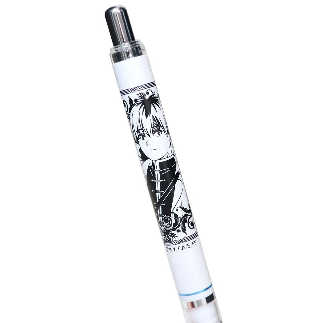 A white mechanical pencil featuring a black-and-white character illustration of Stark from Frieren: Beyond Journey's End on the barrel, with a silver-toned cap and clear end sections, shown on a plain white background.