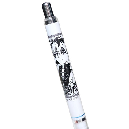 A white mechanical pencil featuring a black-and-white character illustration of Stark from Frieren: Beyond Journey's End on the barrel, with a silver-toned cap and clear end sections, shown on a plain white background.