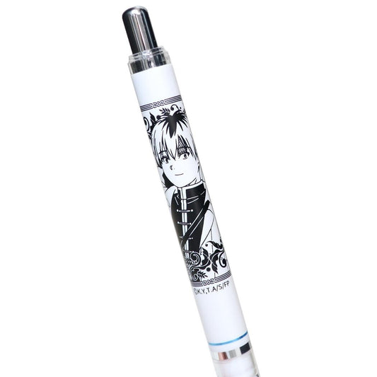 A white mechanical pencil featuring a black-and-white character illustration of Stark from Frieren: Beyond Journey's End on the barrel, with a silver-toned cap and clear end sections, shown on a plain white background.