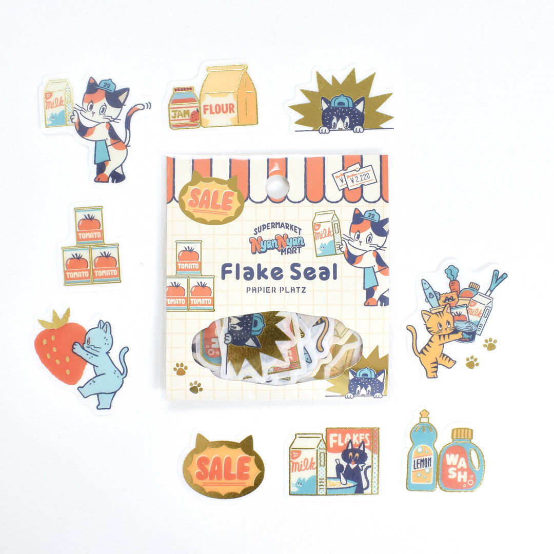 Set of Flake Seal stickers with cartoon characters and product illustrations on a white background