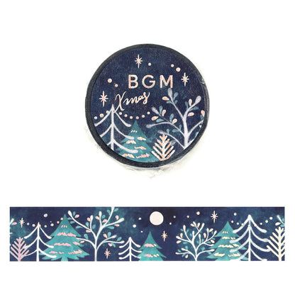 A navy decorative washi tape roll with the words “BGM Xmas” and a winter tree illustration, shown above a matching narrow strip of the same pattern.