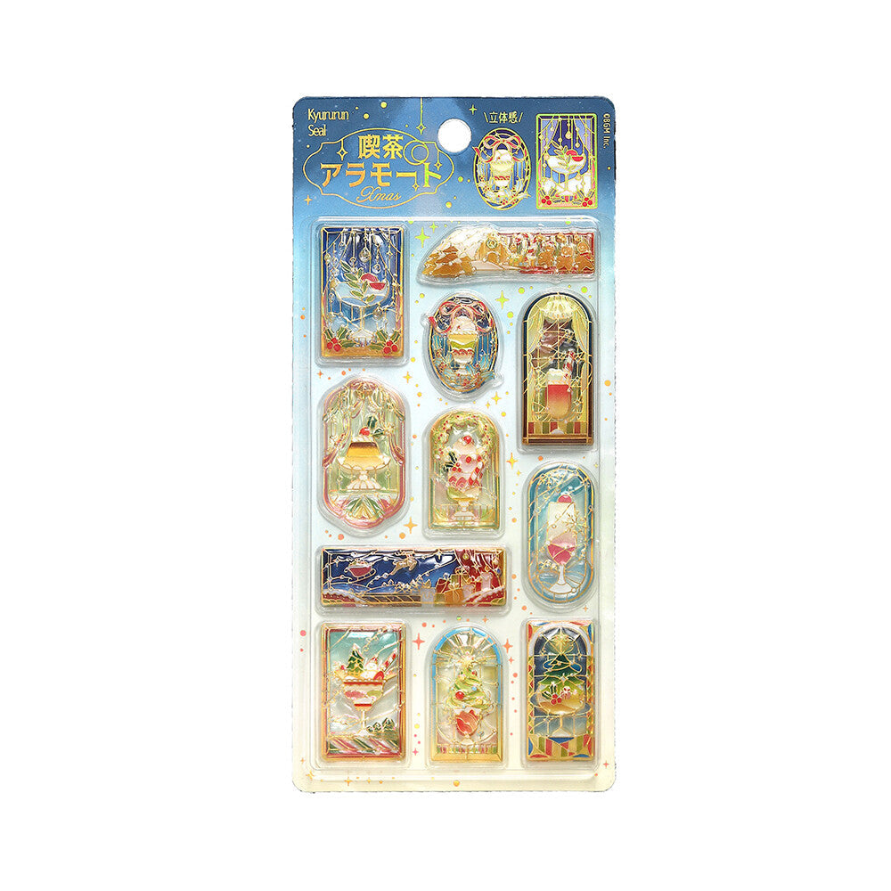 A packaged sheet of decorative stickers with multiple small illustrated panels in a blue header card, shown on a plain white background.