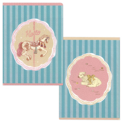 Front and back views of a decorative clear file folder with pastel blue vertical stripes, a scalloped oval center, and whimsical animal illustrations. The left panel shows a carousel horse on a beige background with the word "Hello," and the right panel shows a sleeping sheep on a pink background.