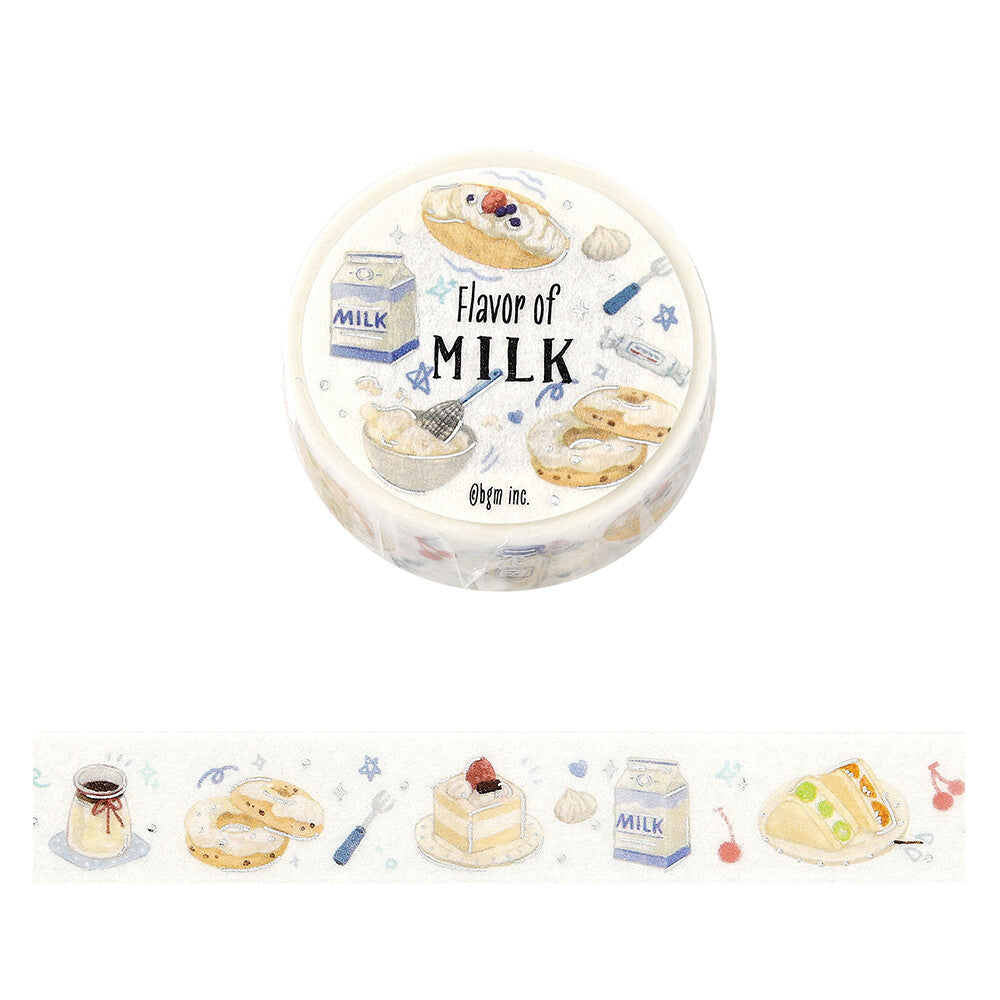 Washi tape with 'Flavor of Milk' text and milk-themed illustrations on a white background