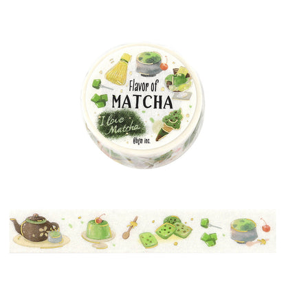 Washi tape 'Flavor of Matcha' with matcha-themed illustrations on a white background.