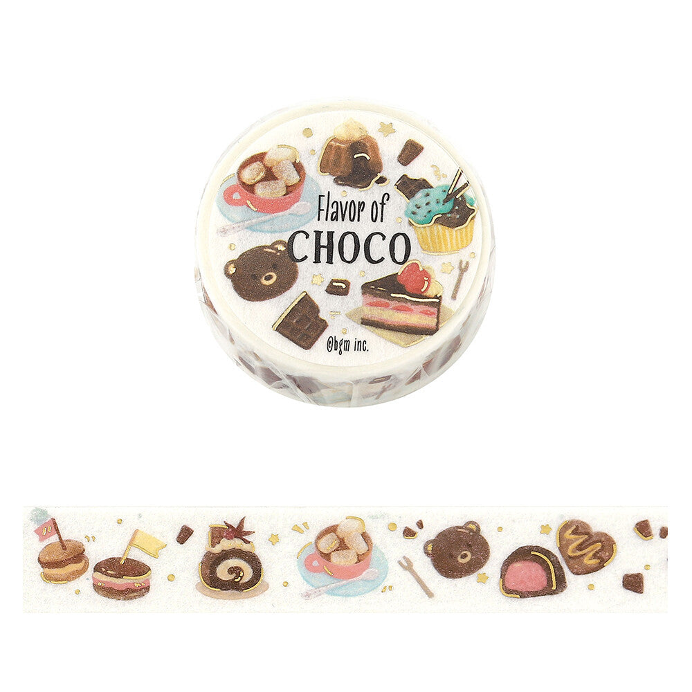 Washi tape with illustrations of chocolate-themed products on a white background.