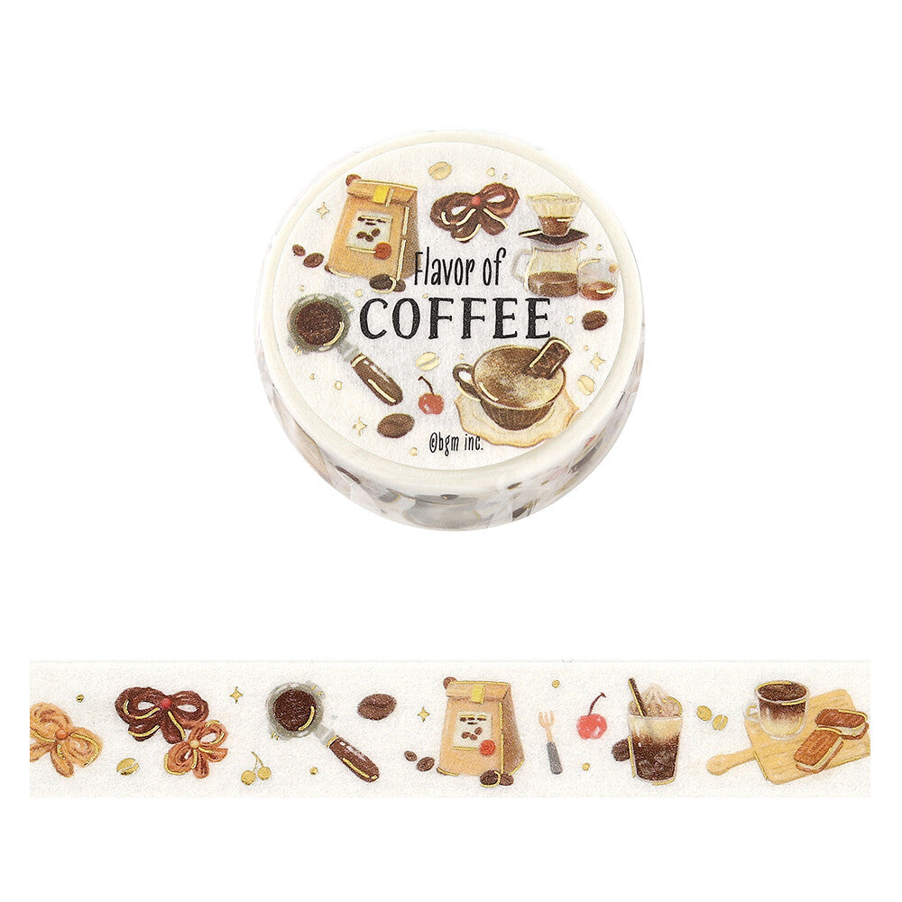 Washi tape with coffee-themed illustrations and text on a white background