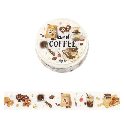 Washi tape with coffee-themed illustrations and text on a white background