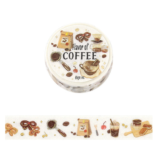 Washi tape with coffee-themed illustrations and text on a white background