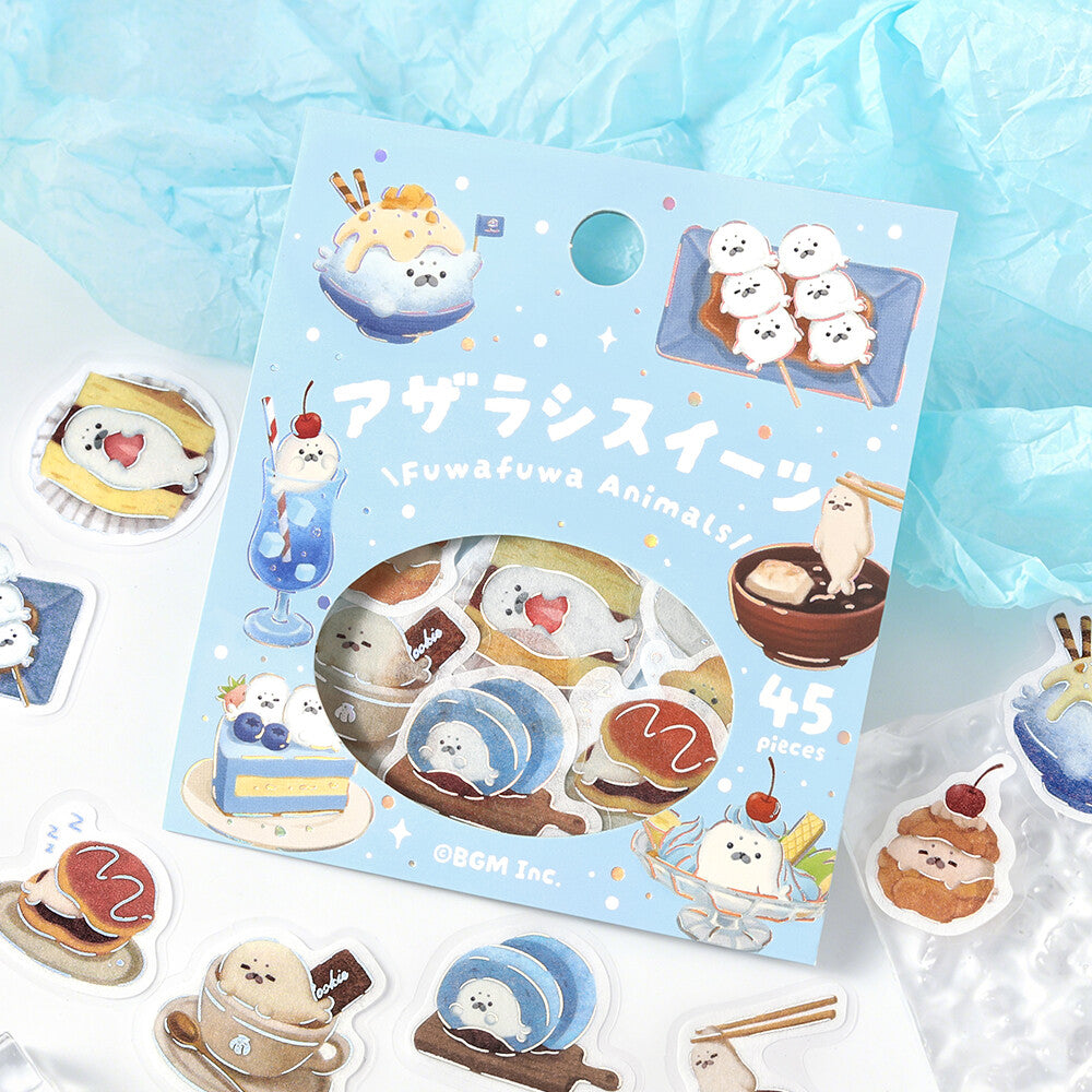 Sticker sheet with cute animal-themed designs on a blue background