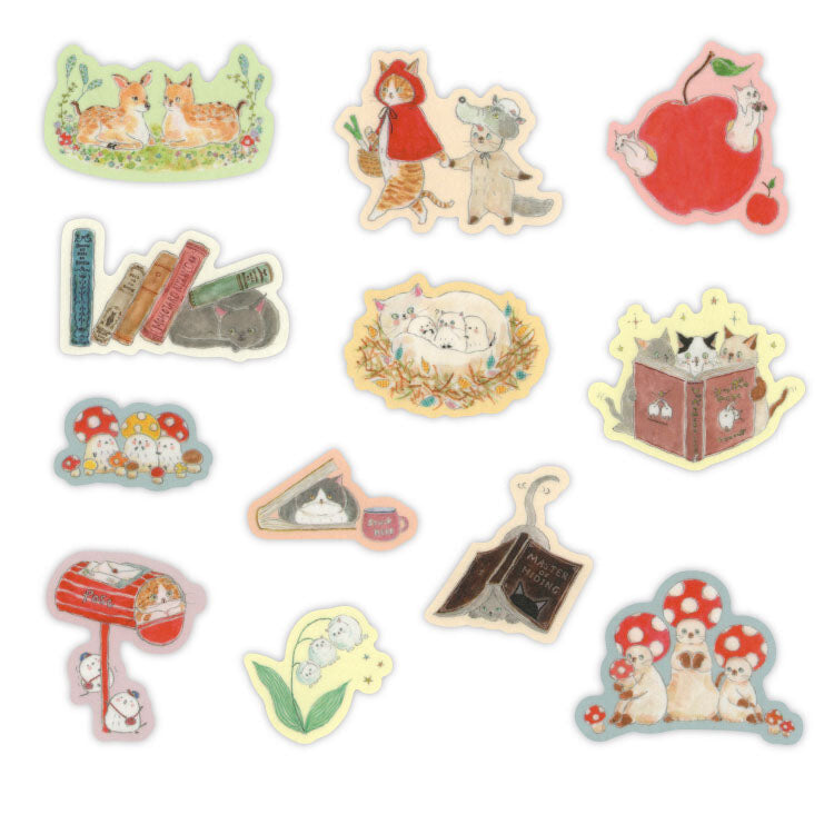 A set of twelve whimsical, vintage-style illustrated stickers featuring woodland animals, books, mushrooms, a mailbox, and a tulip on a plain white background.