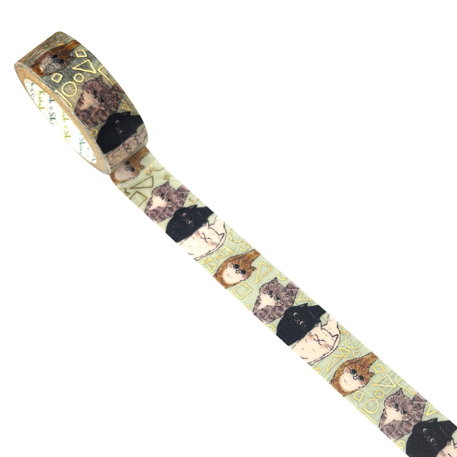 A roll of decorative washi tape featuring a repeating pattern of illustrated cats in black, brown, and gray on a pale green background.