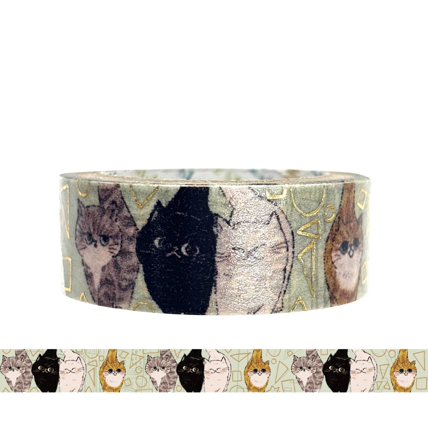 A roll of decorative masking tape featuring illustrated cats in multiple colors on a pale green patterned background. and a narrow strip of the tape design shown along the bottom.