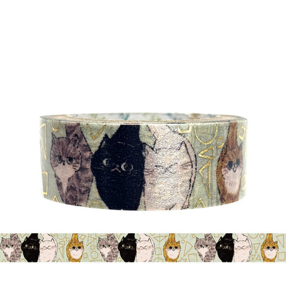 A roll of decorative masking tape featuring illustrated cats in multiple colors on a pale green patterned background. and a narrow strip of the tape design shown along the bottom.